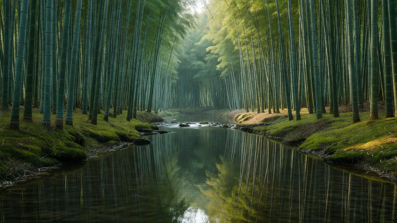 渓流沿いに広がる竹林