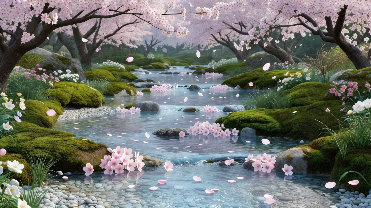桜が咲く春の渓流