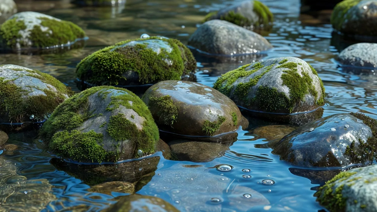 水に濡れた苔むす渓流の岩